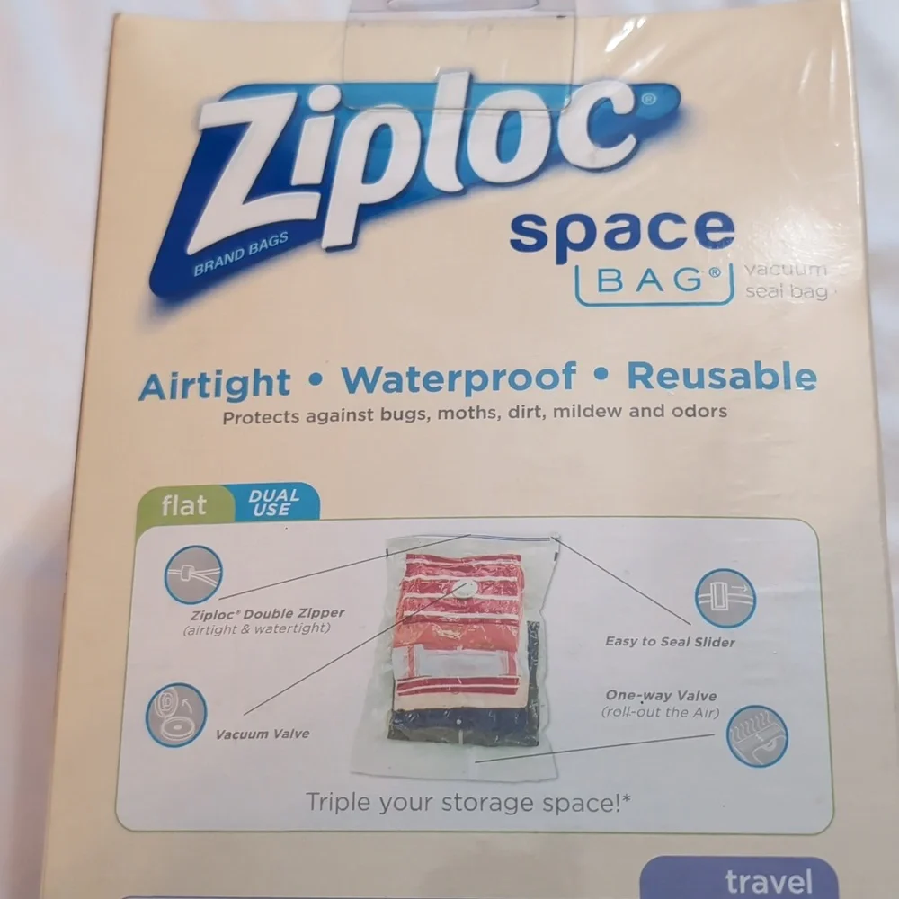 Sealed Ziploc Space Bags 5 Count Variety Pack 3 Travel 1 Large & Medium Flat